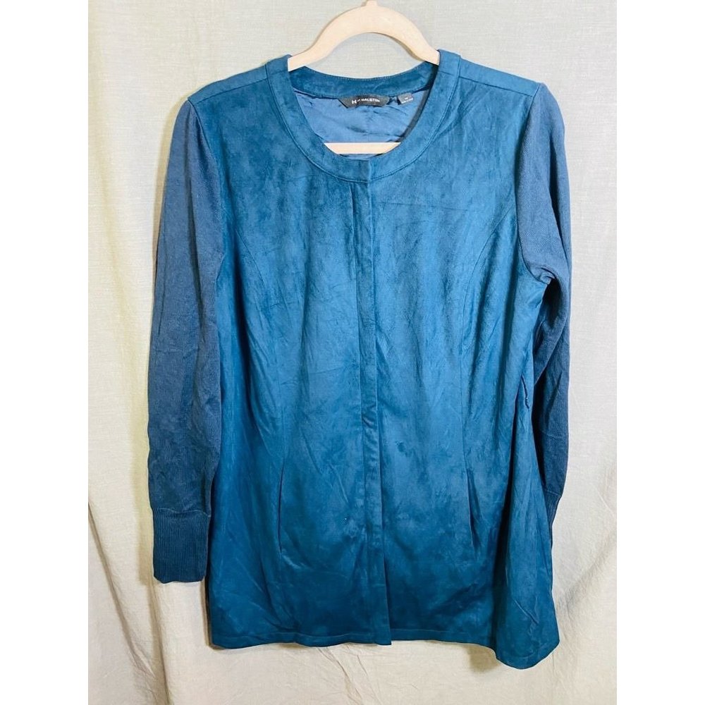 Halston Shirt Womens 10 Blue Long Sleeve Back Pockets Tunic Ladies